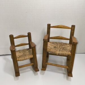 2 Vintage Miniature Ladder Back Rocking Chair w Woven Seat Display Doll Bear